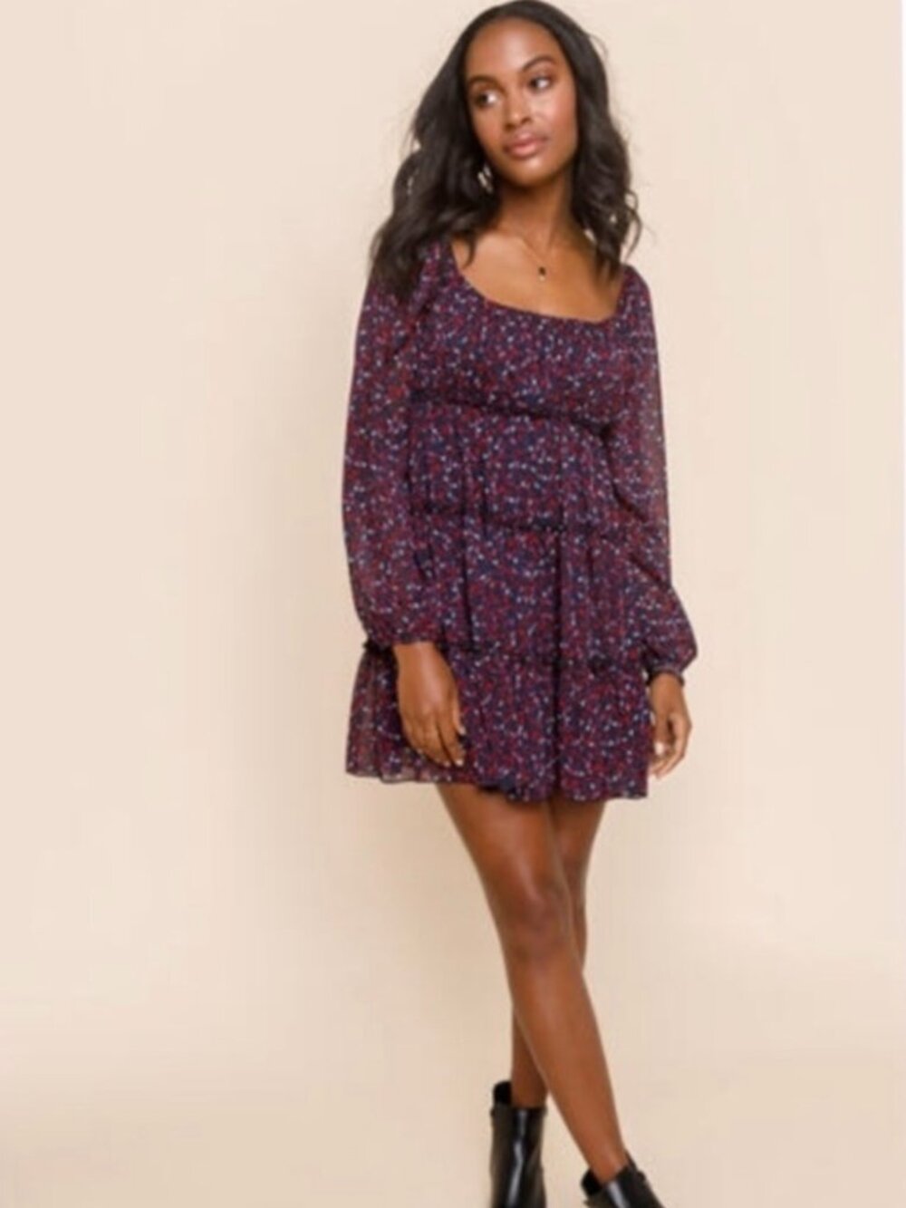 Francesca's Trixxi Emma Floral Smocked Mini Dress Navy Long Sleeve M NWT